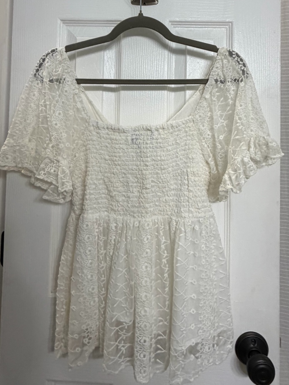 Angie White Lace Off-Shoulder Babydoll Top | Cottagecore Boho Blouse | Large - Picture 3 of 3